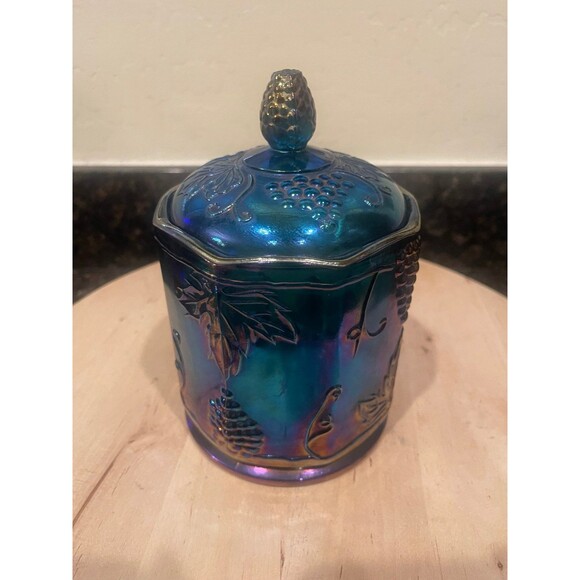 Vintage Indiana Glass Blue Carnival Glass Candy Jar w/ Lid - Picture 1 of 10